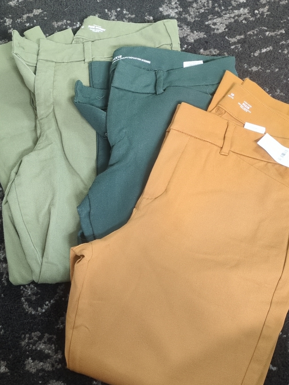 Women's Old Navy Pixie Pants in Mustard, Dark Green, and Olive